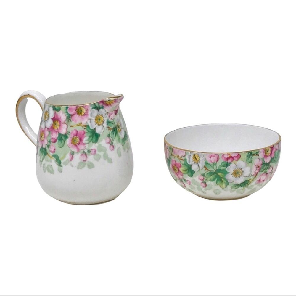 Stafford Porcelain Creamer & Sugar Bowl Floral and Gold Mini